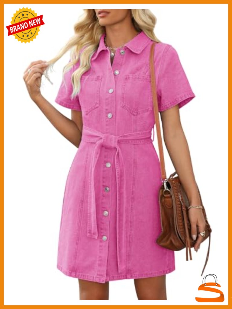 Denim Shirt Dress With Pockets Stretchy Fabric Western Cowgirl Dress